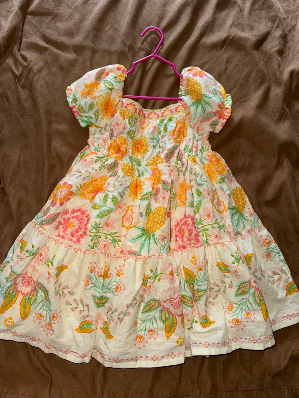 Rachel Zoe White Floral Puff-Sleeve Dress with Yellow & Pink Accents
